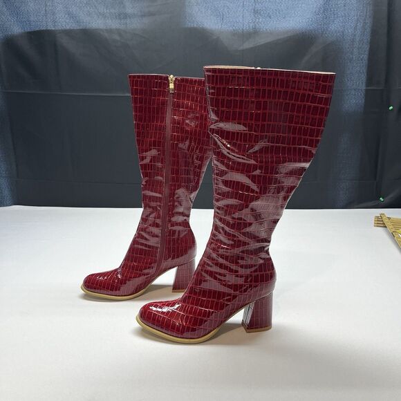 Red Croc Leather Embossed Block Heel Tall Boots - Picture 1 of 11